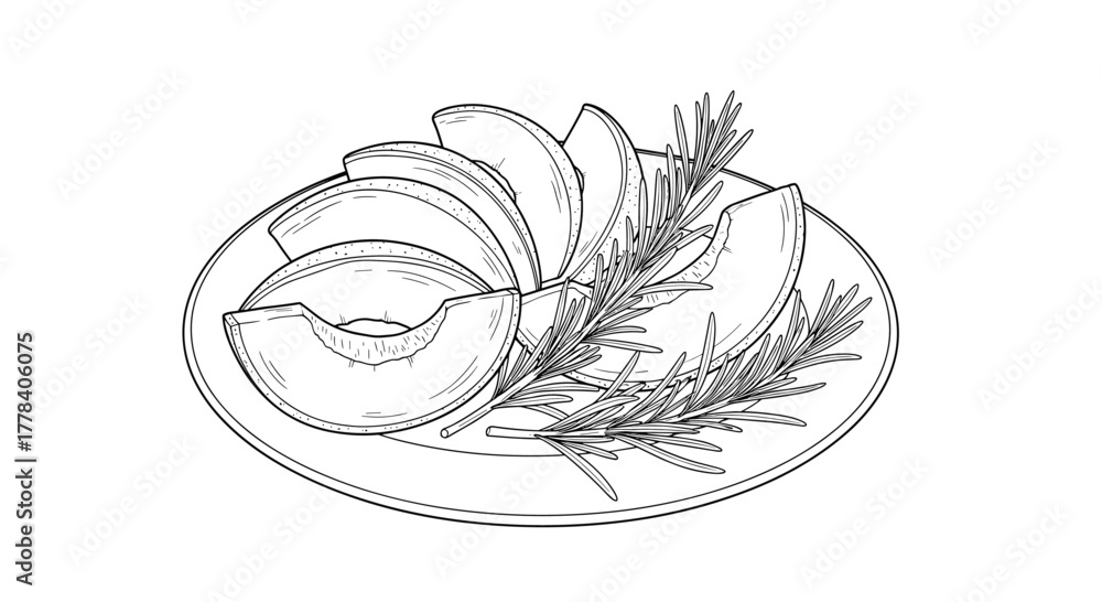 Naklejka premium A detailed line art illustration depicting fresh sliced melon served on a plate with aromatic rosemary sprigs, ready to eat.