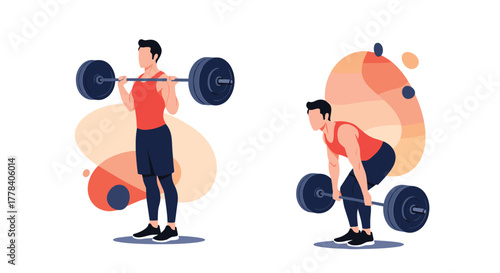 Two illustrations of fit men performing fundamental barbell exercises: a front rack squat and a deadlift, showcasing strength training.