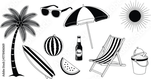 Beach and summer silhouette icons with palm tree, sun, surfboard, umbrella, chair, beer, watermelon and sand bucket vector design