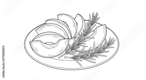 A detailed line art illustration depicting fresh sliced melon served on a plate with aromatic rosemary sprigs, ready to eat.