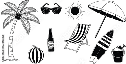 Beach and summer silhouette icons with palm tree, sun, surfboard, umbrella, chair, beer, watermelon and sunglasses vector design