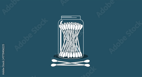 An illustration of a glass jar full of cotton swabs, with two additional swabs lying criss-cross in front of it, set against a solid background.