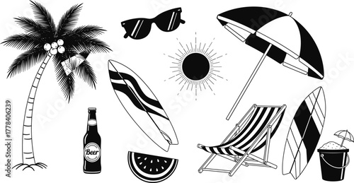 Beach and summer silhouette icons with palm tree, sun, surfboards, umbrella, chair, beer, watermelon and sand bucket vector design