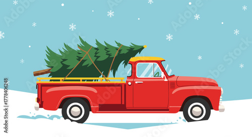 Classic red pickup truck transports a freshly cut Christmas tree home through a picturesque snowy winter scene with falling flakes.