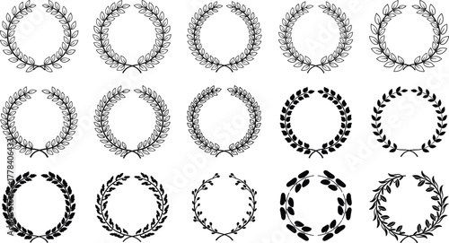 Black Laurel Wreath Silhouettes – 15 Elegant Designs for Victory, Honor, Awards, Logos, and Emblems – Vector Clipart Set