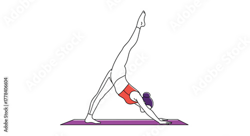 A woman in a red top and white leggings performs three-legged downward dog pose on a yoga mat, showcasing flexibility and strength.