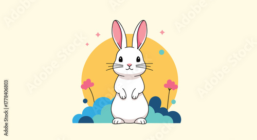 A charming white rabbit stands upright in a whimsical illustration with a large yellow circle, abstract clouds, and pink flowers, exuding playful innocence.