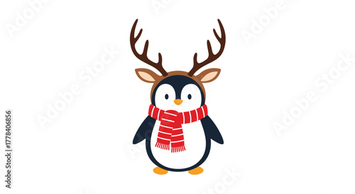 A cute cartoon penguin wears a festive red striped scarf and an adorable reindeer antler headband, ready for Christmas celebrations.