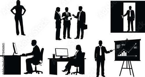 Black Silhouettes of Business Professionals – Presenting, Collaborating, Working at Desks, and Entering Office Spaces – Vector Clipart Style
