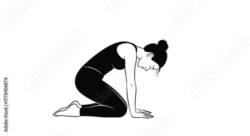 A woman practices the Cat Pose (Marjaryasana) in a yoga session, focusing on spinal flexibility and a gentle stretch.