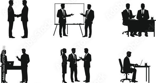 Black Silhouettes of Business Professionals in Office Scenes – Collaborating, Presenting, Working, and Shaking Hands in Vector Style