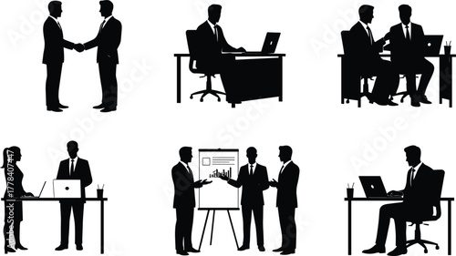 Black Silhouettes of Business Professionals in Office Scenes – Working, Presenting, Collaborating, and Shaking Hands in Vector Clipart Style
