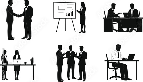 Black Silhouettes of Business Professionals in Office Settings – Presenting, Collaborating, Working, and Shaking Hands in Vector Style