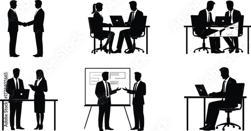 Black Silhouettes of Business Professionals in Office Settings – Working, Presenting, Collaborating, and Shaking Hands in Vector Clipart Style