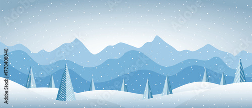 Minimalistic winter landscape, mountains and forest, snowdrifts and snowfall, cartoon nature, vector illustration