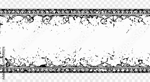 Highly detailed black and white distressed vector border with ornate baroque floral scrollwork, framed by decorative lines and featuring a central grunge texture, ideal for headers, footers, or vintag