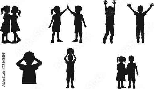 Black Silhouettes of Children Hugging, High-Fiving, Celebrating, Holding Ball, Expressing Emotions and Social Bonding in Vector Illustration