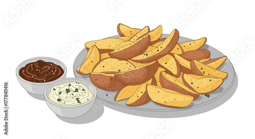 An appetizing illustration of crispy potato wedges served on a plate with two bowls of delicious dipping sauces.
