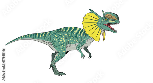 A vibrant green cartoon Dilophosaurus with an open mouth and yellow frill stands ready to strike on a clean white background.