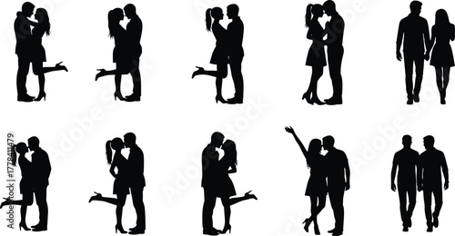 Black Silhouettes of Romantic Couples – Kissing, Hugging, Walking Hand in Hand in Various Affectionate Poses – Vector Clipart