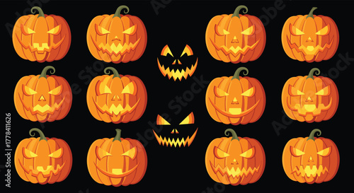 An array of glowing Halloween jack-o'-lanterns featuring diverse scary and mischievous carved faces set against a dark background.