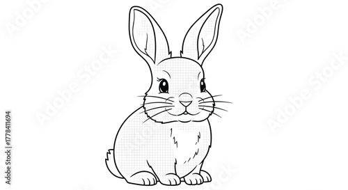 A charming black and white line art illustration of a small, cute bunny rabbit sitting upright, perfect for coloring books or children's designs.
