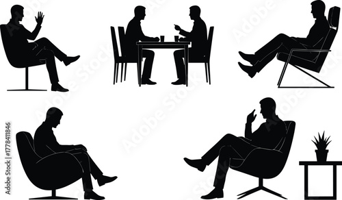 Black Silhouettes of Seated People Gesturing, Conversing, Relaxing, Thinking, and Expressing Emotions in Modern Chairs – Vector Clipart Style