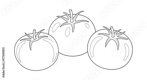 A simple black and white line art illustration featuring three ripe tomatoes with stems and leaves, ready for coloring or use as a graphic element.