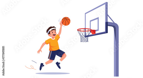 A young boy in sportswear enthusiastically jumps to shoot a basketball into the hoop, an active and cheerful cartoon illustration.