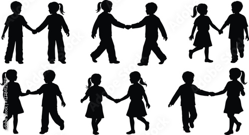 Children silhouette pairs holding hands in playful poses for friendship, cooperation, social bonding and childhood interaction vector illustration design