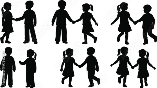 Children silhouette scenes with boys and girls interacting, playing, walking, and bonding for friendship, education and social behavior vector design