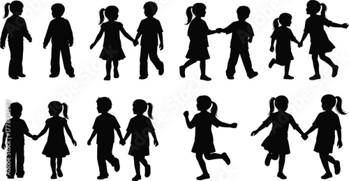 Children silhouette scenes with boys and girls walking, running, playing and bonding for friendship, education and social behavior vector design