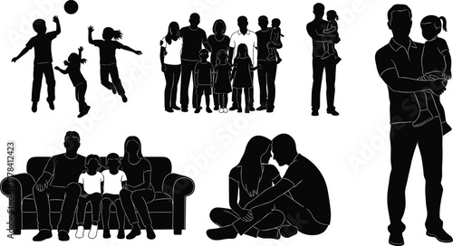 Family silhouette scenes with children, parents, couples, group portraits, playtime, bonding and care for lifestyle and relationship vector illustration