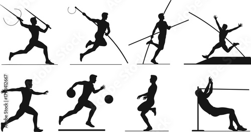 Silhouette Male Athletes in Track and Field Events: Javelin, Pole Vault, Discus, Shot Put, High Jump, Sports Action Vector Set