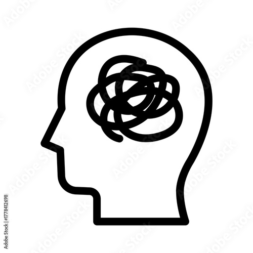 Line Icon of human head silhouette with tangled line symbolizing anxiety or mental stress