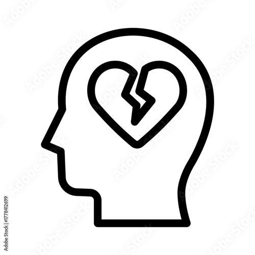 Line Icon of human head silhouette with broken heart representing heartbreak and sadness