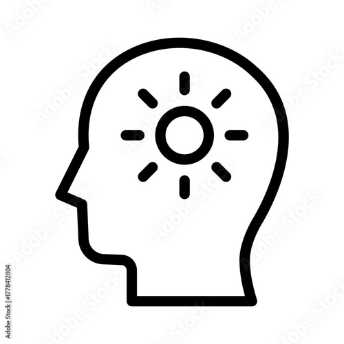 Line Icon of human head silhouette with sun symbol representing joy and positive mood