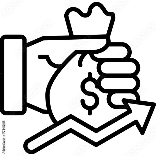 Hand Holding Money Bag with Up Arrow Finance Line Icon for Business Growth and Investment Concept