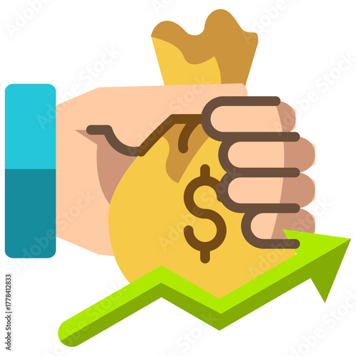 Flat Icon of Hand Holding Golden Money Bag with Up Arrow Representing Financial Growth and Business Success