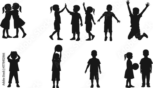 Silhouette of Happy Children Playing, Hugging, Jumping, Celebrating, Holding Ball, Expressing Emotions and Social Interaction in Black Vector Style