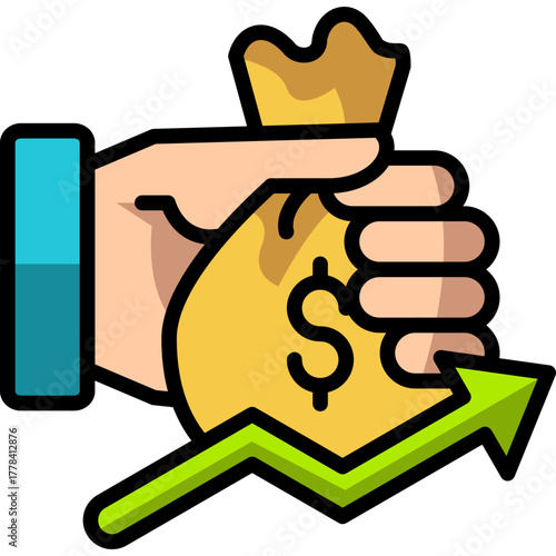 Color Lineal Icon of Hand Holding Money Bag with Green Up Arrow Representing Profit and Investment Growth