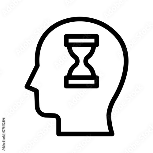 Line Icon of human head silhouette with hourglass representing mindfulness and time awareness