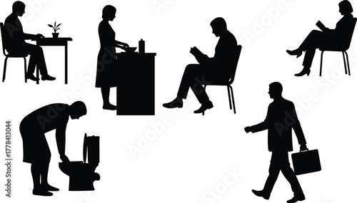 Silhouette People in Everyday Scenes: Working, Cooking, Reading, Toilet Cleaning, Walking with Briefcase, Modern Lifestyle and Routine Human Activities
