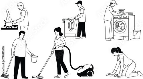 Silhouette scenes of household chores including cooking, laundry, dishwashing, sweeping, vacuuming and scrubbing for home and lifestyle vector design
