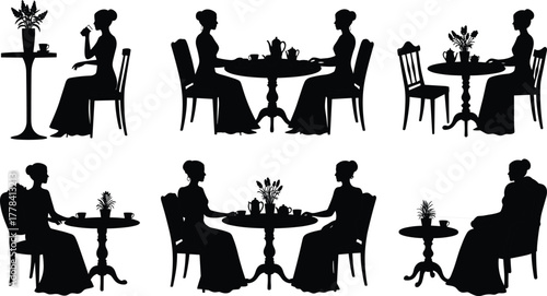 Silhouette scenes of people at tables with tea, flowers, and conversation for lifestyle, leisure, social and relationship vector design
