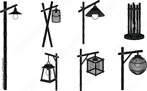 Silhouettes of bamboo lamp post designs, vector illustration of eco-friendly outdoor lighting with hanging lanterns in traditional and modern styles