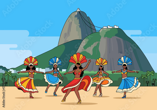 Brazilian dancers in colorful costumes performing a samba dance.