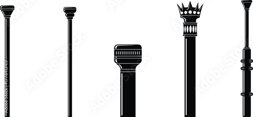 Silhouettes of ceremonial batons and staffs, vector illustration of symbolic rods with crown, grooved, tapered, and segmented designs