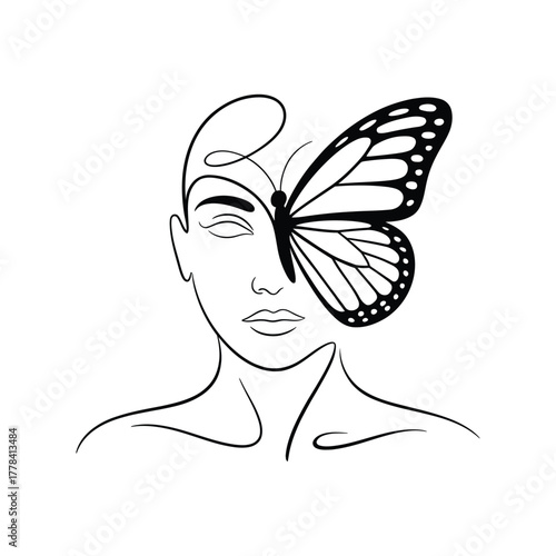 Abstract line art of a woman s face merging with a butterfly