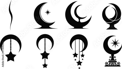Silhouettes of crescent moon and star motifs, vector illustration of decorative celestial symbols with hanging ornaments and pedestal designs